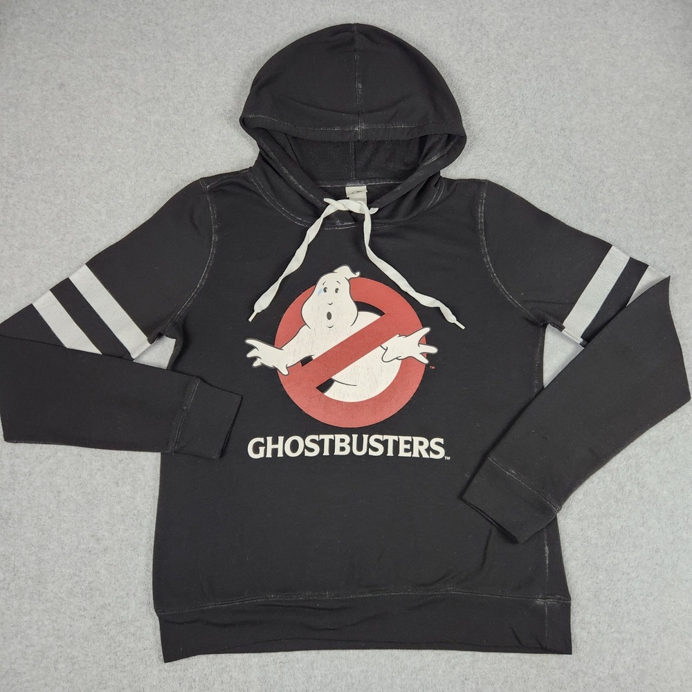 Ghostbusters Hoodie Womens Large Black Cotton Graphic Logo Fleece Lined Pullover